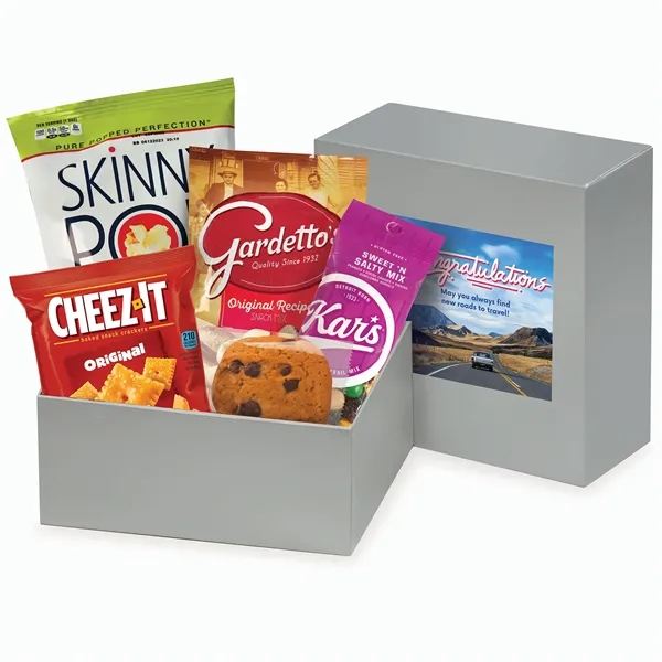 silver gift box filled with snacks and sweets and labeled with... from ASI 68680 Maple Ridge Farms Inc