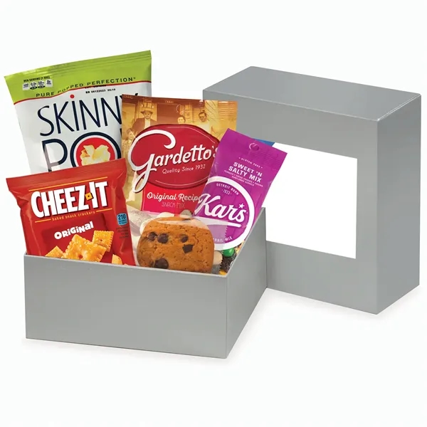 silver gift box filled with snacks and sweets and labeled with... from ASI 68680 Maple Ridge Farms Inc