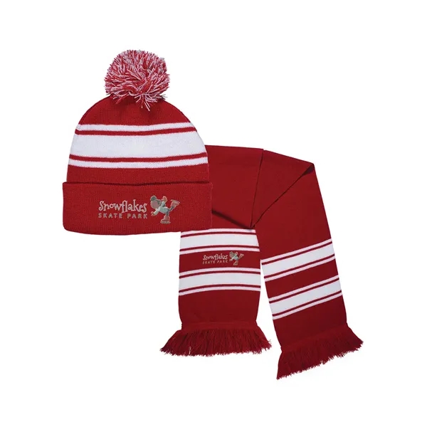 A striped 100% acrylic knit cuff beanie and fringed scarf in... from ASI 79530 Prime Line