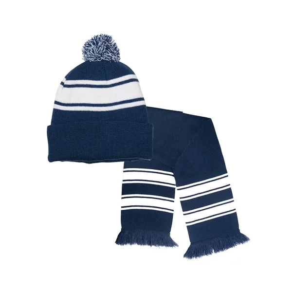 A striped 100% acrylic knit cuff beanie and fringed scarf in... from ASI 79530 Prime Line