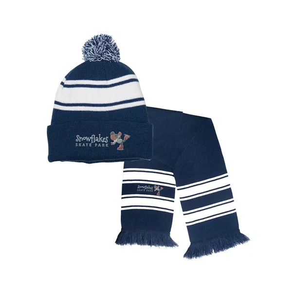 A striped 100% acrylic knit cuff beanie and fringed scarf in... from ASI 79530 Prime Line