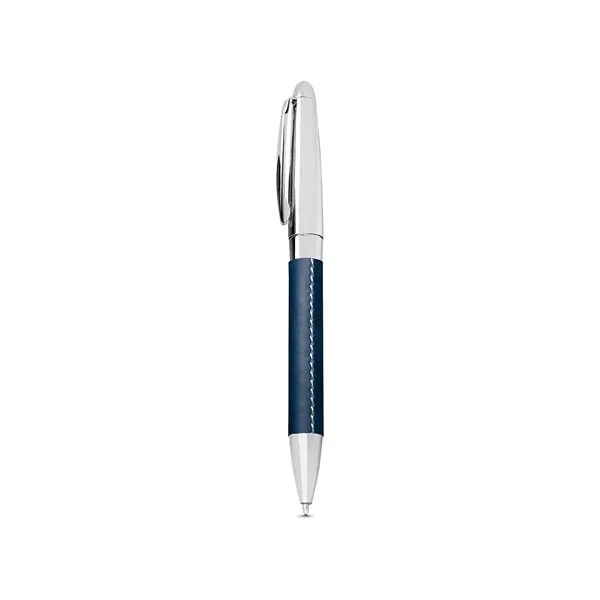 Stainless steel twist-action ballpoint pen with faux leather wrapped body.... from ASI 79530 Prime Line