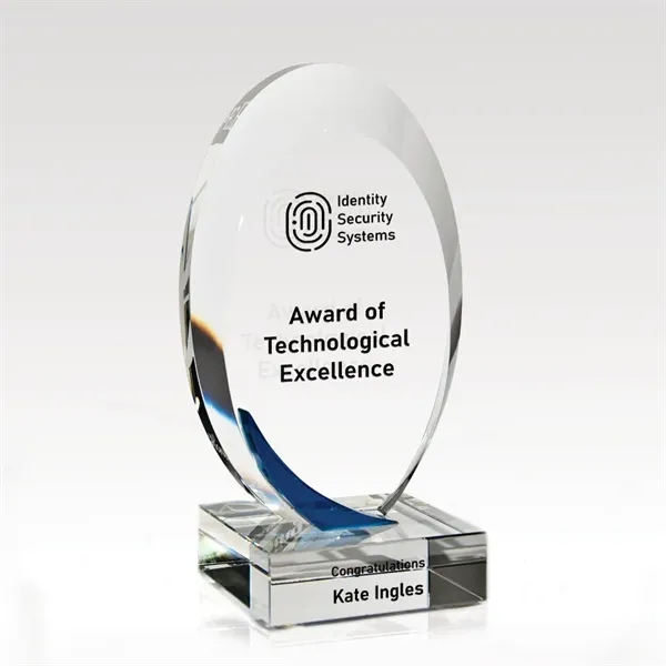 Clear optical crystal award with oval shape and blue crystal accent.... from ASI 93986 Visions/Awardcraft / Visions Awards