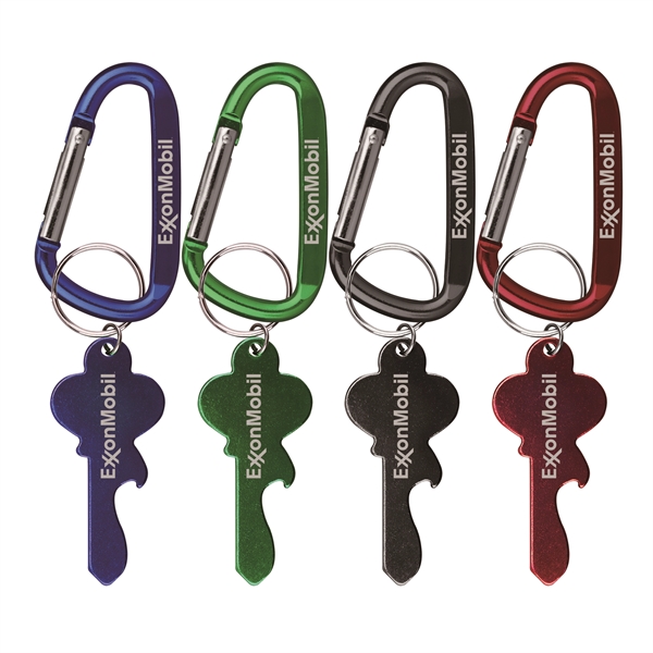 Key shape bottle opener with key ring and carabiner... from ASI 74585 Nu Promo International / Nu Promo Line