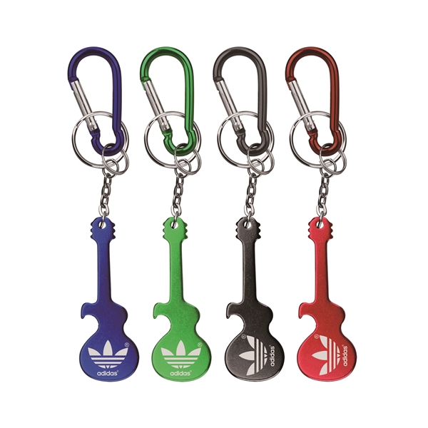 Guitar shaped aluminum bottle opener with key chain and carabineer.... from ASI 74585 Nu Promo International / Nu Promo Line