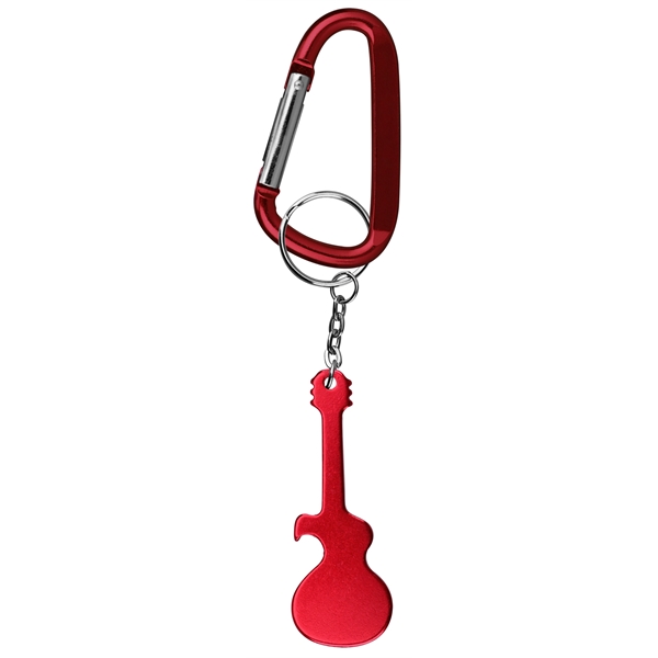 Guitar shaped aluminum bottle opener with key chain and carabineer.... from ASI 74585 Nu Promo International / Nu Promo Line
