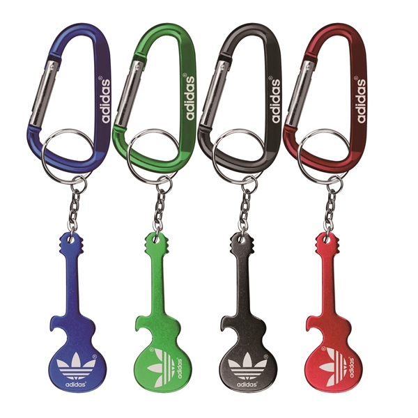 Guitar shaped aluminum bottle opener with key chain and carabineer.... from ASI 74585 Nu Promo International / Nu Promo Line