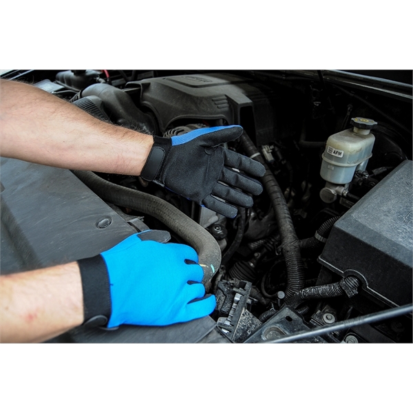 Mechanics gloves, black synthetic suede palm, blue spandex back.... from ASI 62192 Illinois Glove Co / Honest Abe®