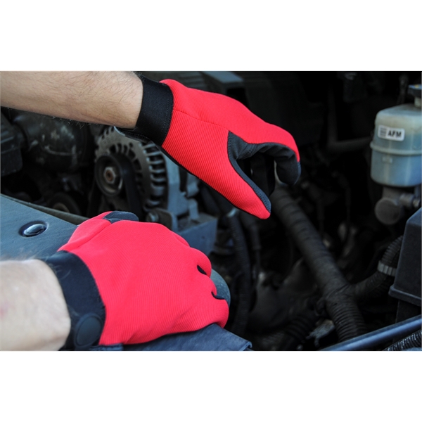 Mechanics gloves, black synthetic suede palm, red spandex back.... from ASI 62192 Illinois Glove Co / Honest Abe®