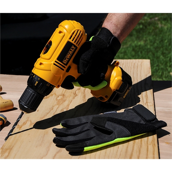 Touchscreen mechanics gloves, black synthetic suede palm, Hi-Viz spandex back.... from ASI 62192 Illinois Glove Co / Honest Abe®