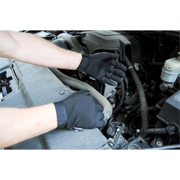 Touchscreen mechanics gloves, black synthetic suede palm, black spandex back.... from ASI 62192 Illinois Glove Co / Honest Abe®