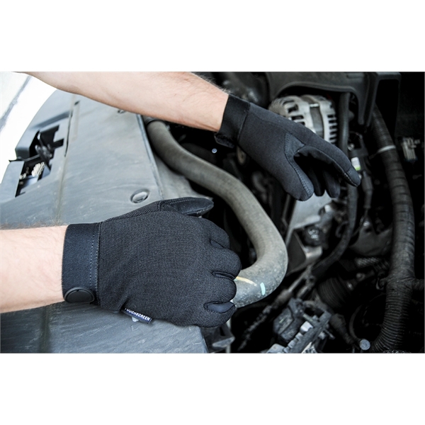 Touchscreen mechanics gloves, black synthetic suede palm, black spandex back.... from ASI 62192 Illinois Glove Co / Honest Abe®