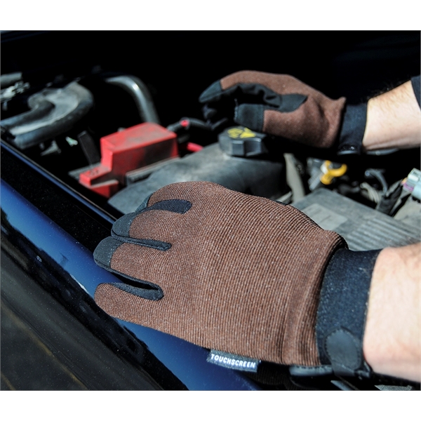 Touchscreen mechanics gloves, black synthetic suede palm, brown spandex back.... from ASI 62192 Illinois Glove Co / Honest Abe®