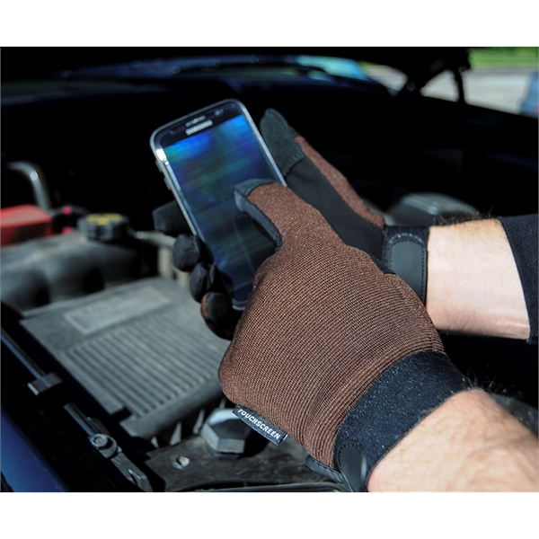 Touchscreen mechanics gloves, black synthetic suede palm, brown spandex back.... from ASI 62192 Illinois Glove Co / Honest Abe®