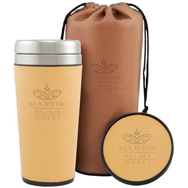 Three-piece gift set includes a debossed bag, coaster and tumbler with... from ASI 71920 Moderne Glass Company Inc / MB Works Premium Line