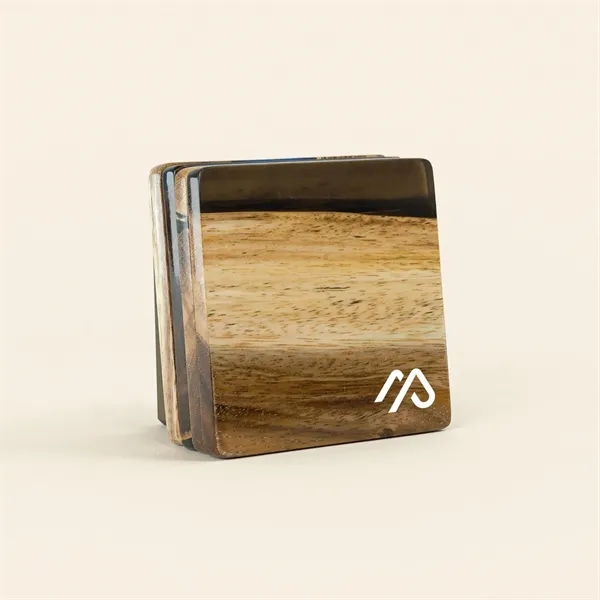 This set of four hardwood and resin coasters are naturally water-resistant... from ASI 93986 Visions/Awardcraft