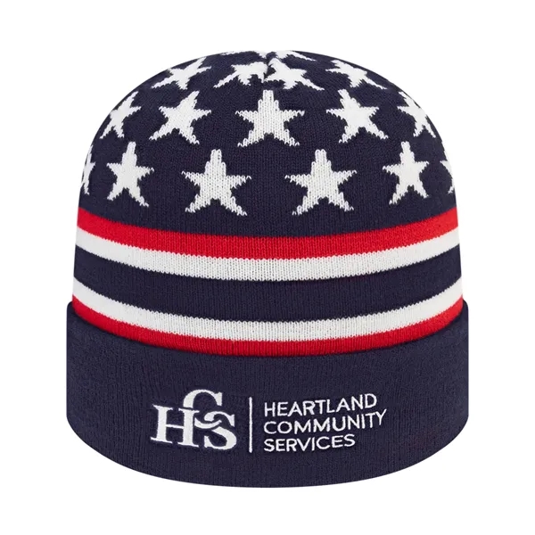Knit acrylic patriotic cap with cuff and stars and stripes motif.... from ASI 43792 Cap America Inc