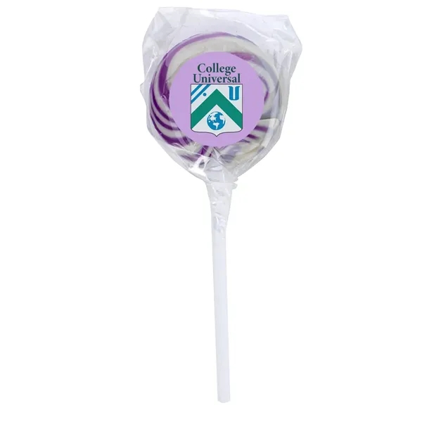 Swirl lollipop with round custom label; assorted flavors.... from ASI 61125 Hit Promotional Products / Hit®