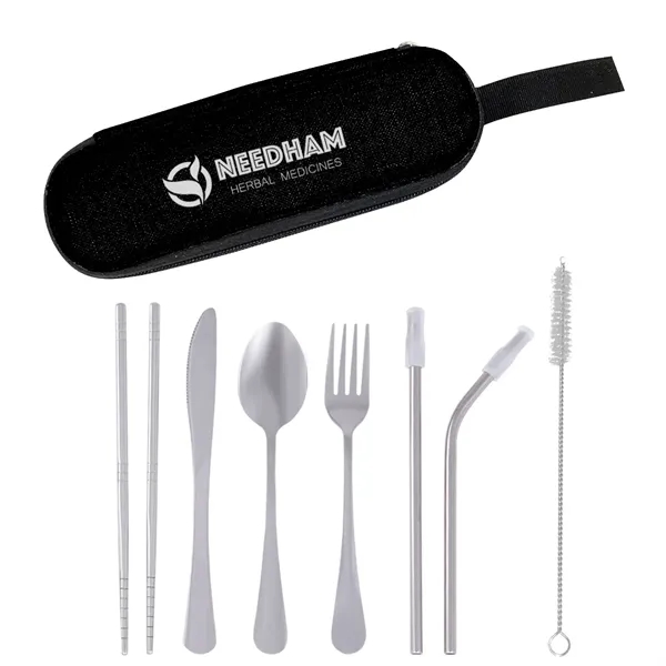 Stainless steel cutlery with chopsticks, fork, knife, spoon, and two straws... from ASI 61125 Hit Promotional Products / Hit®