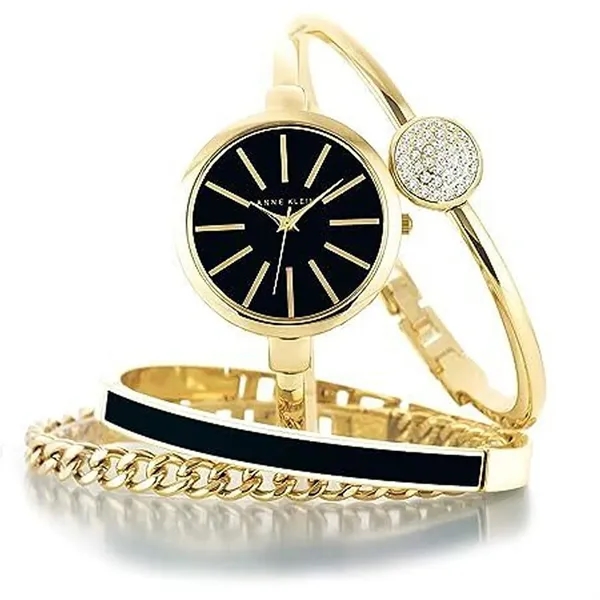 Round watch featuring black glossy dial with gold-tone hands and stick... from ASI 61966 HPG / HPG Gold Beacon Premium Brands
