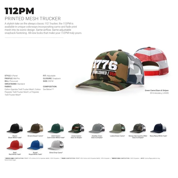 Richardson #112PM snapback six-panel cotton and polyester trucker cap with plastic... from ASI 74601 Calico
