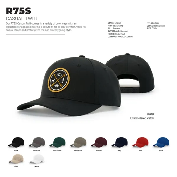 Richardson R75 Casual Twill snapback six-panel snapback hat with embroidery and... from ASI 74601 Calico