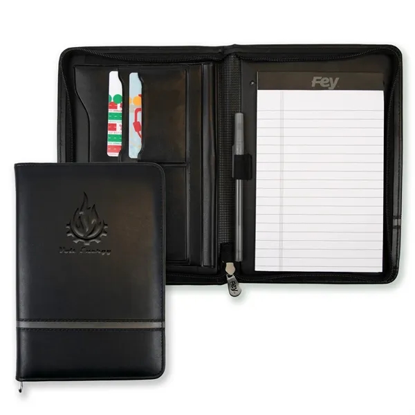 Vinyl junior zippered padfolio with various pockets, a writing pad, and... from ASI 54040 Fey Promo