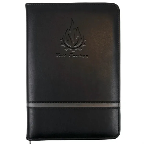 Vinyl junior zippered padfolio with various pockets, a writing pad, and... from ASI 54040 Fey Promo