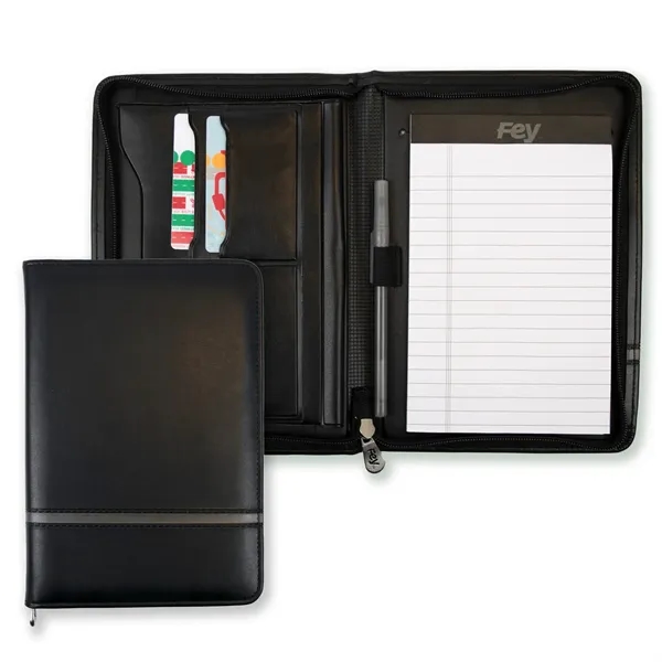 Vinyl junior zippered padfolio with various pockets, a writing pad, and... from ASI 54040 Fey Promo