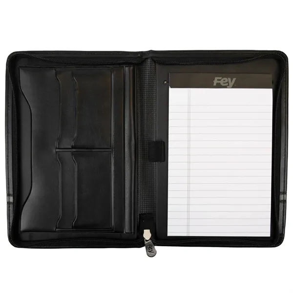 Vinyl junior zippered padfolio with various pockets, a writing pad, and... from ASI 54040 Fey Promo