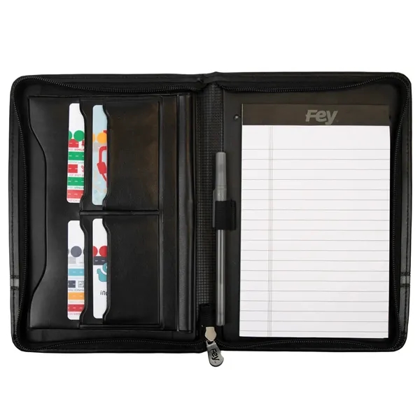 Vinyl junior zippered padfolio with various pockets, a writing pad, and... from ASI 54040 Fey Promo