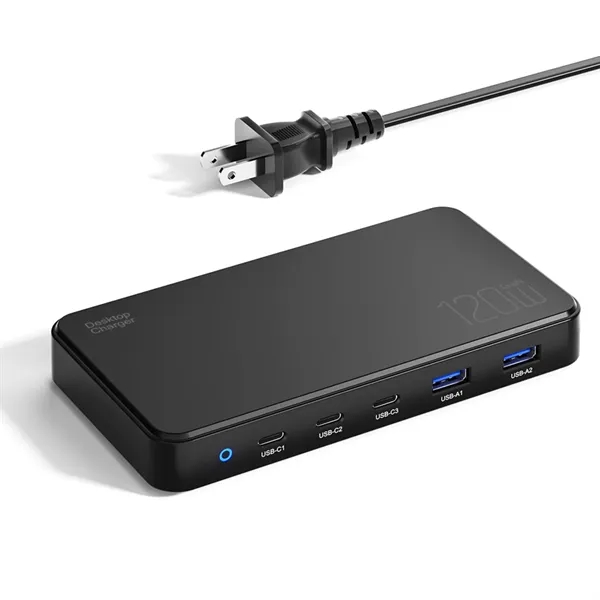 Power charge 5-port desktop charger - 120 W plus laser engraving... from ASI 37218 Athena Promo (tm)