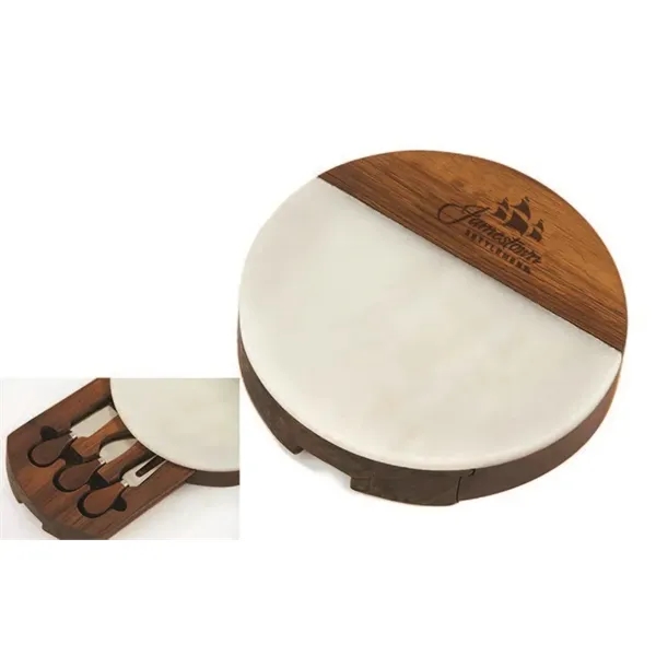 Round marble and acacia wood cheese board with 3 cheese tools... from ASI 88675 Picnic Plus