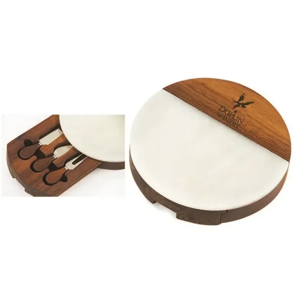 Round marble and acacia wood cheese board with 3 cheese tools... from ASI 88675 Picnic Plus