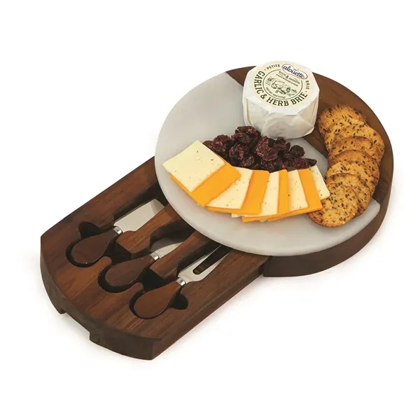 Round marble and acacia wood cheese board with 3 cheese tools... from ASI 88675 Picnic Plus
