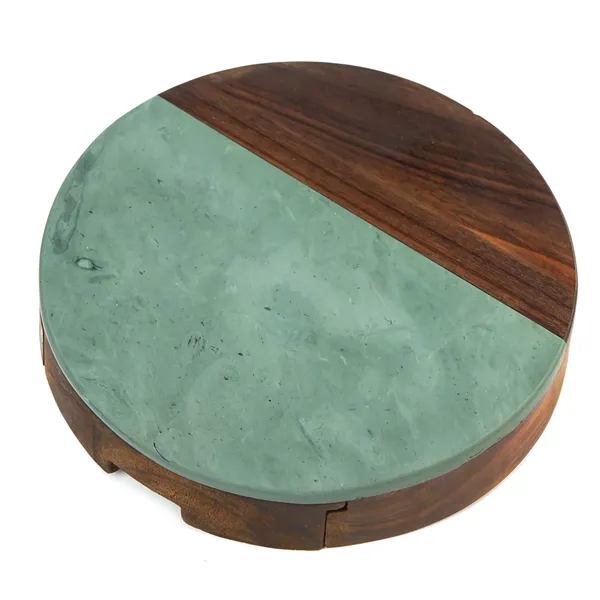 Round marble and acacia wood cheese board with 3 cheese tools... from ASI 88675 Picnic Plus