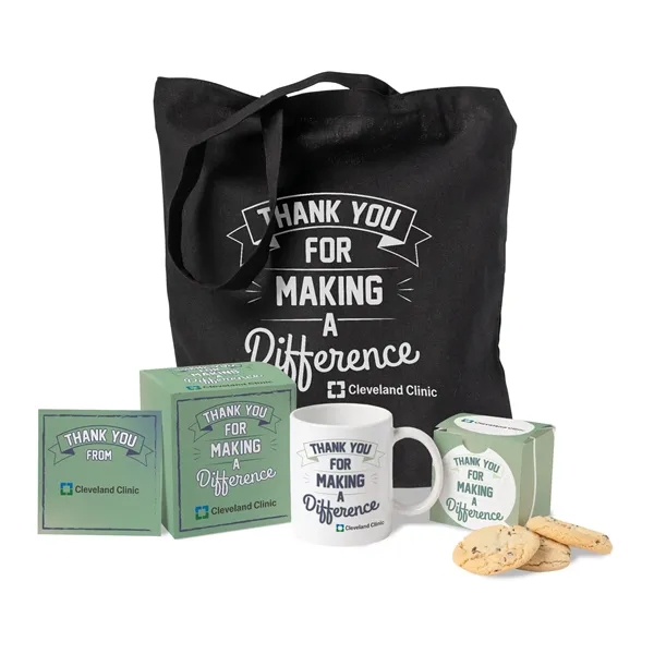 Mailer box filled with tote bag, mug and chocolate chip cookies.... from ASI 44900 NC Custom (CI/Lanco) / Lanco