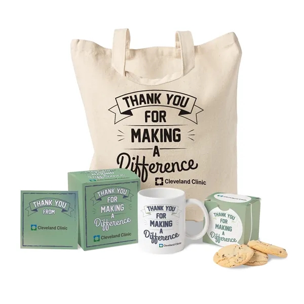 Mailer box filled with tote bag, mug and chocolate chip cookies.... from ASI 44900 NC Custom (CI/Lanco) / Lanco