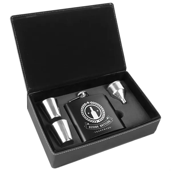 Black leatherette gift box with a 6 oz. black stainless steel... from ASI 74601 Calico
