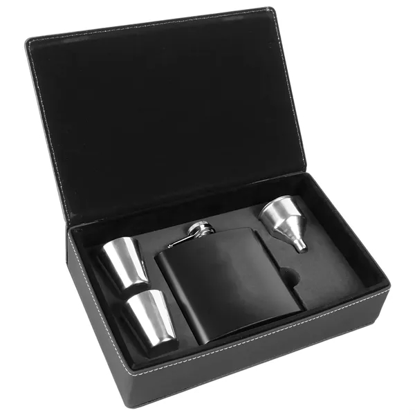 Black leatherette gift box with a 6 oz. black stainless steel... from ASI 74601 Calico