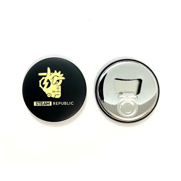 Round tin bottle opener fridge magnet plus full color CMYK imprint... from ASI 37218 Athena Promo (tm)