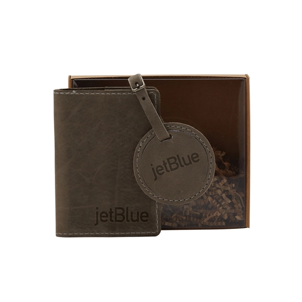 Gift set featuring a leather passport cover and round leather luggage... from ASI 88060 Snugz/USA Inc / SnugZ USA®