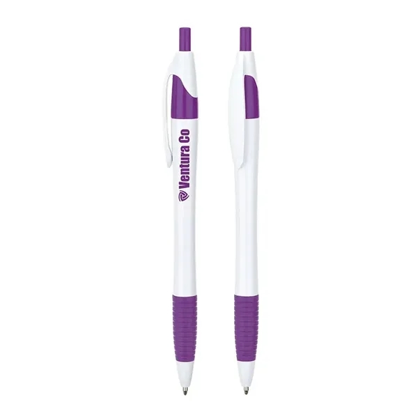 Ballpoint pen with hourglass barrel design, plunger action mechanism and soft... from ASI 67866 Logomark/Valumark / Valumark™