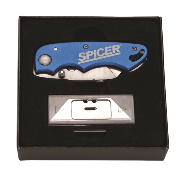 Folding utility knife with anodized aluminum handle in stainless steel construction... from ASI 46170 Compass Industries Inc