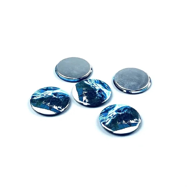 Full color round tin fridge magnet plus full color CMYK imprint... from ASI 37218 Athena Promo (tm)