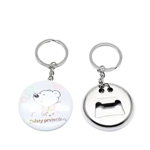 Round tin bottle cap opener keychain plus full color CMYK imprint... from ASI 37218 Athena Promo (tm)