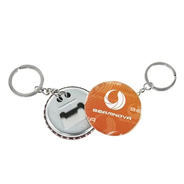 Round tin bottle cap opener keychain plus full color CMYK imprint... from ASI 37218 Athena Promo (tm)