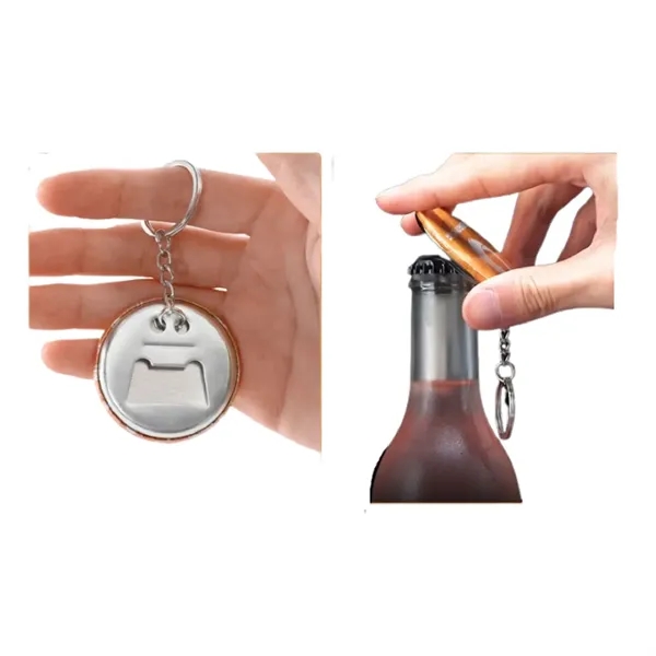 Round tin bottle cap opener keychain plus full color CMYK imprint... from ASI 37218 Athena Promo (tm)
