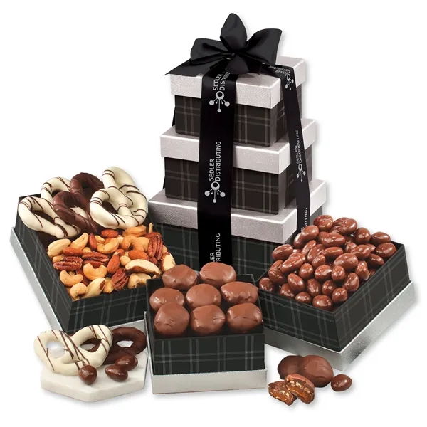 black and silver tower with chocolates and nuts... from ASI 68680 Maple Ridge Farms Inc