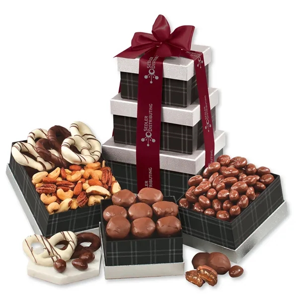 black and silver tower with chocolates and nuts... from ASI 68680 Maple Ridge Farms Inc
